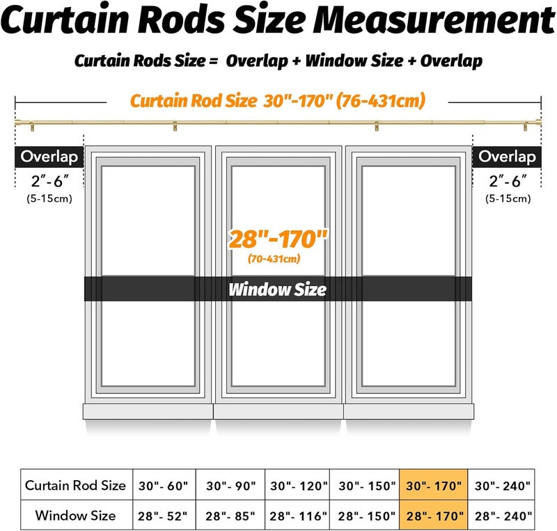 GEEBOBO Gold Curtain Rods for Windows 120 to 170 Inch, 1 Inch Extra Long Heavy Duty Easy Install Adjustable Curtain Rods Set for Outdoor, Farmhouse, Bedroom, Living Room (Gold, 30"-170") - Image 5